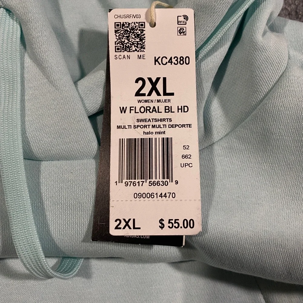 Adidas Trefoil Floral Logo Hoodie Womens XXL Halo Mint Blue Flowers Pullover